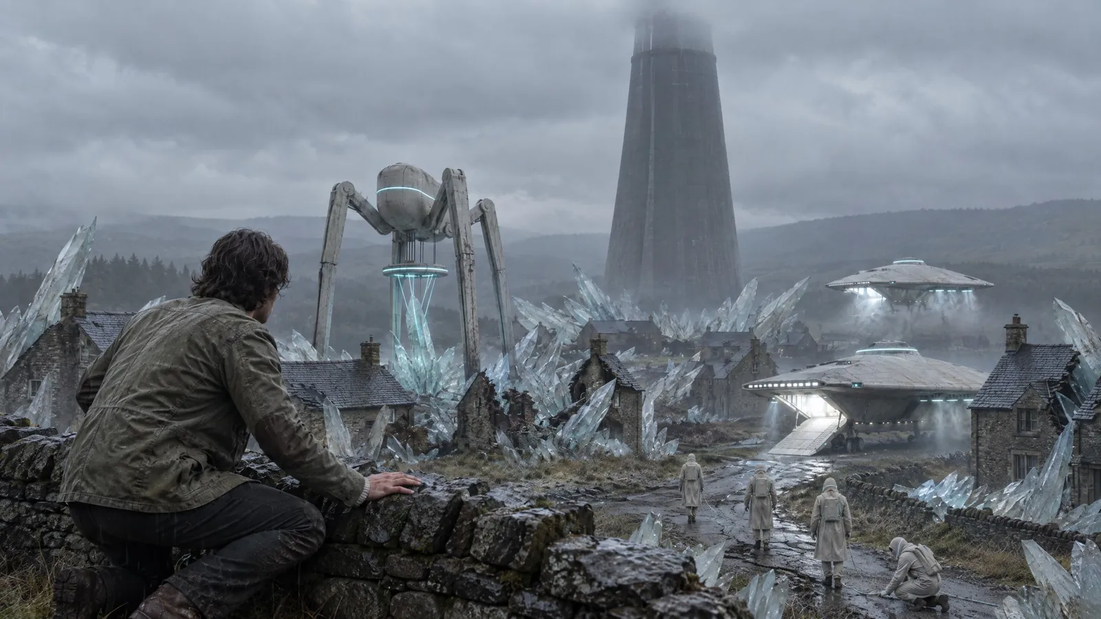 A man shelters behind a stone wall as a harvesting machine moves through crystal growing among village houses.